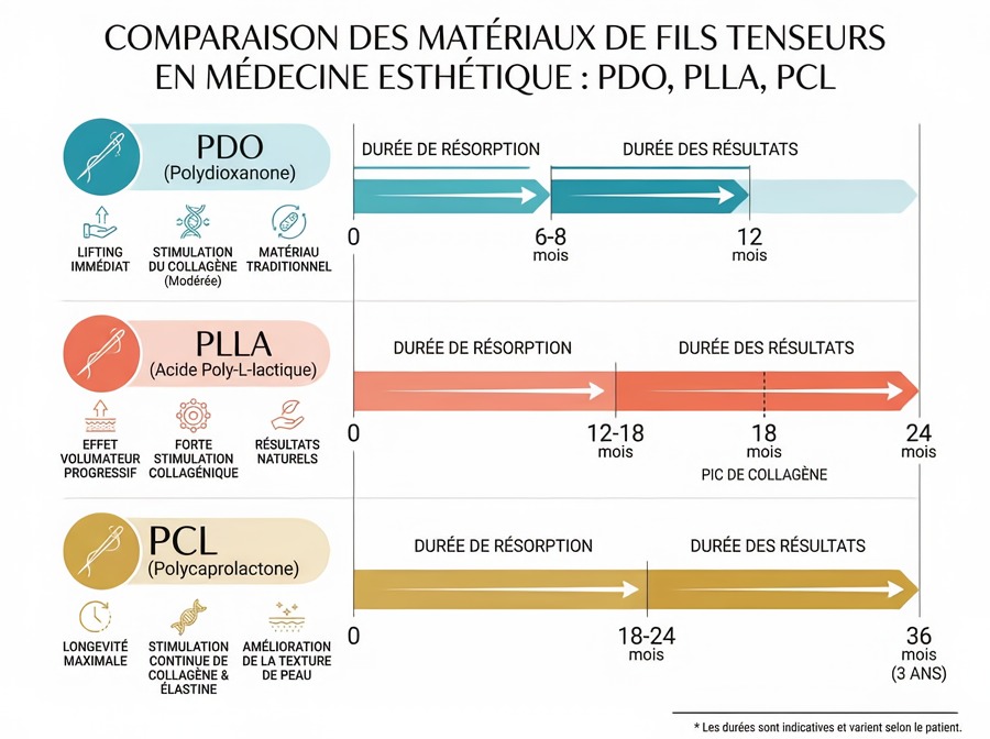 infographic comparing PDO, PLLA and PCL thread lifts