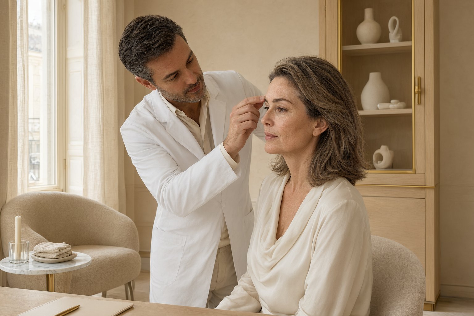 Examen de la tempe et du sourcil en consultation avant un lifting des tempes à Paris