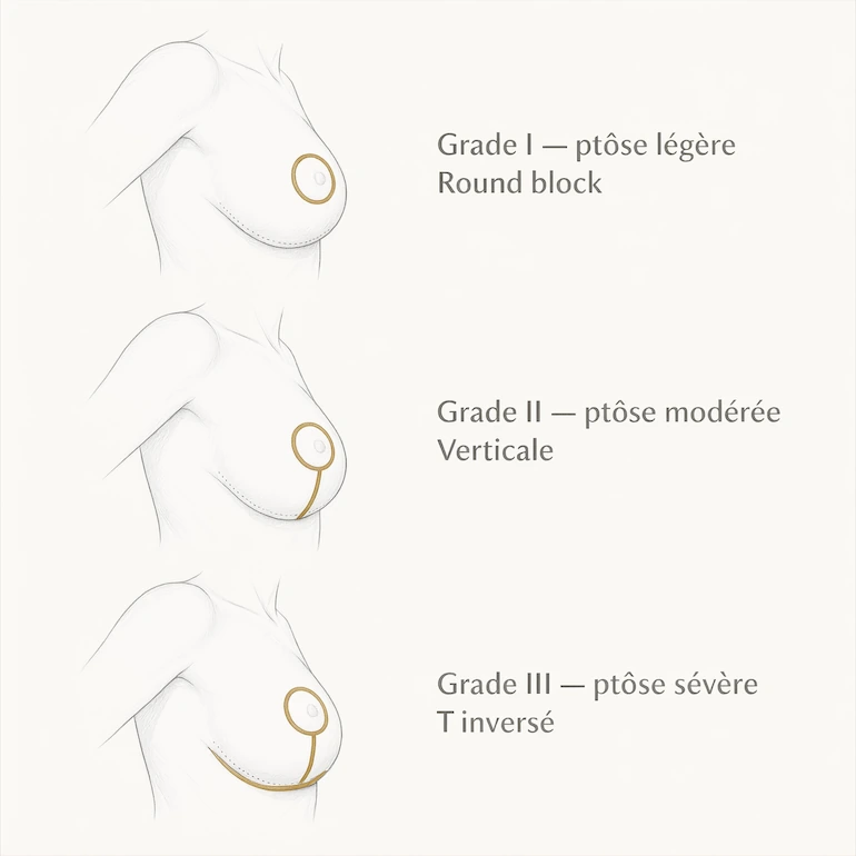 Schéma des trois techniques d’incision de mastopexie : round block, verticale et T inversé selon le grade de ptôse