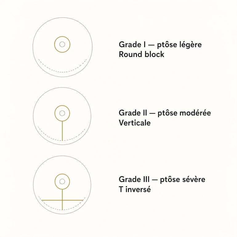 Schéma des trois techniques d’incision de mastopexie : round block, verticale et T inversé selon le grade de ptôse